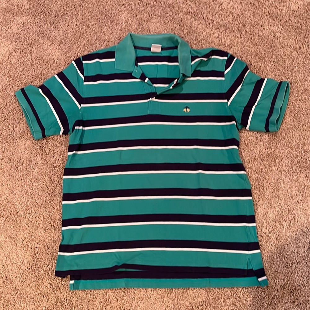 Brooks Brothers, teal and navy striped men’s polo